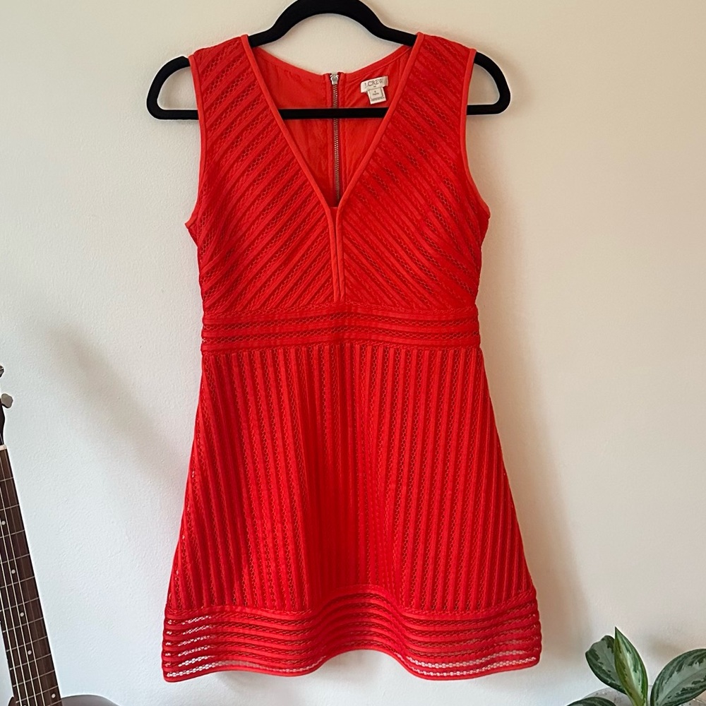 J. Crew Dress | Red Orange A-Line Mini Summer Formal V-Neck 6P Eyelet Overlay